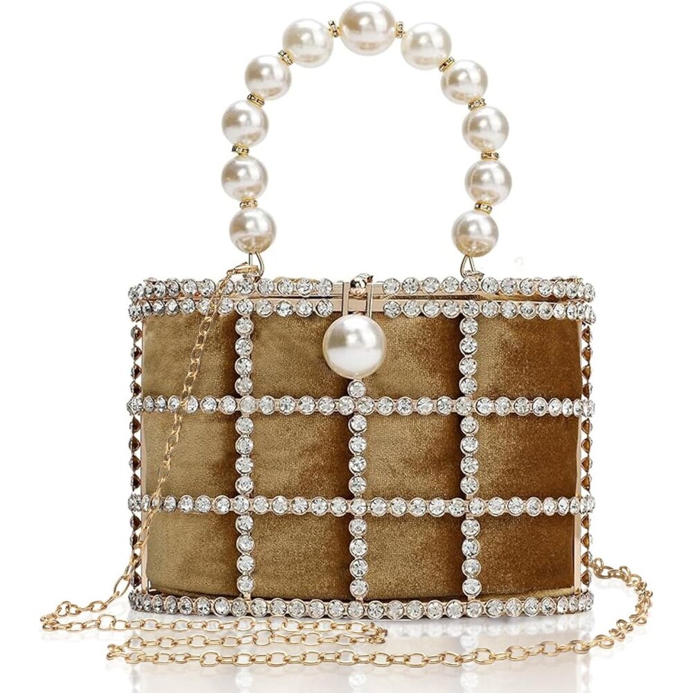 ⚡Women's Gold Detachable Pearl Diamond Chain Soft Velvet Shoulder Clutch Handbag